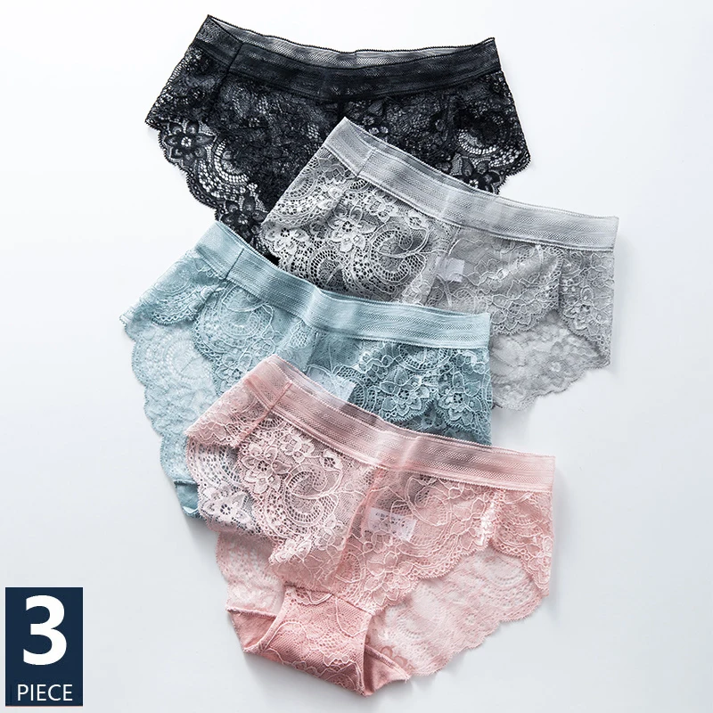 3Pcs Sexy Lace Panties Women Thong Seamless Lingerie Female Briefs Girls Underpants Cotton Crotch Low-Rise Solid Underwear