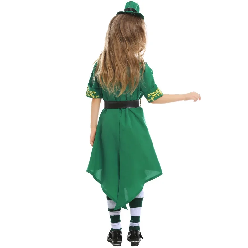 St.Patrick Day Toddler Outfit Green Suit Elf Dress Up Suit Girl Dwarf Cosplay Top Pants Hat Belt Ireland Festival Halloween