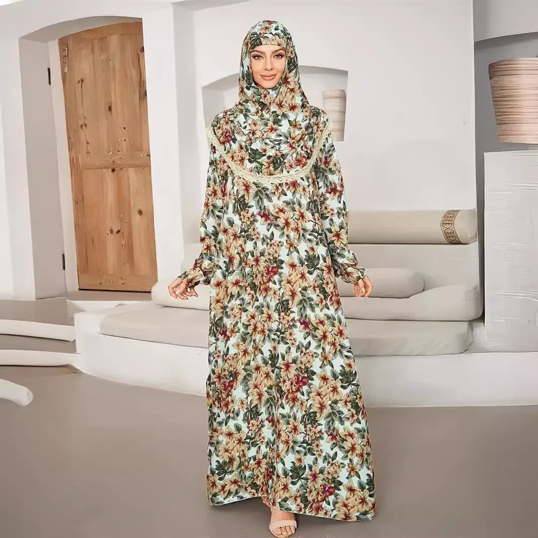 Eid Muslim Women Prayer Dress Hooded Long Robe Islam Saudi Vestidos Ramadan Jalabiya Print Flower Abayas Morocco Dubai Kaftan