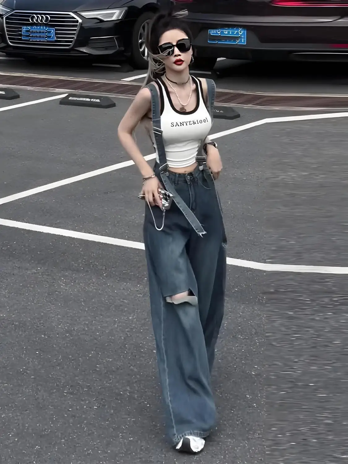 Elegante Damen-Overalls, lange Overalls, Baumwolle, Mädchen, niedlich, bedruckt, bequem, bunt, gepunktet, gerüschter Riemen, Crinkle