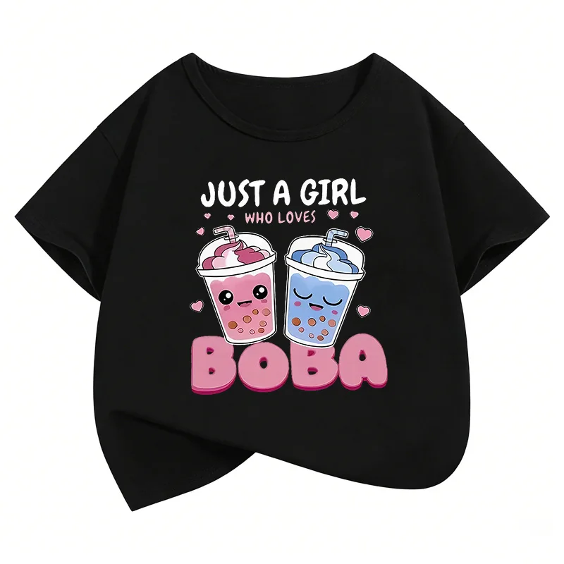 Just A Girl Who Love Boba Printed Graphic Kids Tshirts Summer Short Sleeve Tees Girls Clothes Kawaii Tops Y2K Children T-shirt