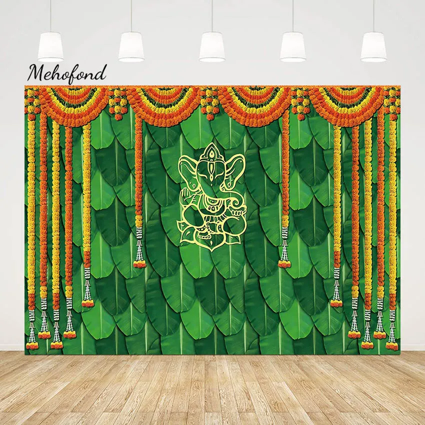 Mehofond Moroccan Bridal Shower Background Marigold Puja Ganpati Wedding Green Leaf Photography Chatiya Ganesh Backdrop Photo