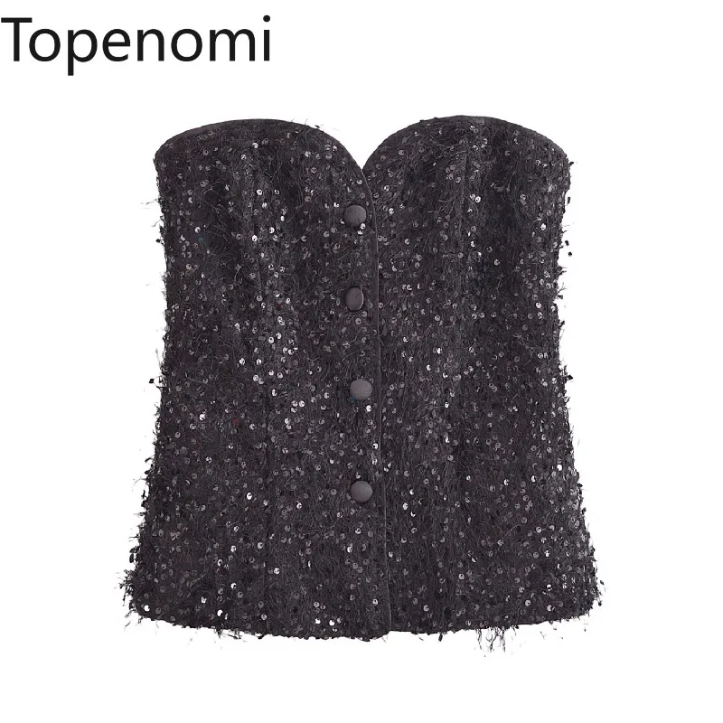 Topenomi Fashion Sequin Tassel Tank Top Women 2025 New Strapless Single Breasted Slim Crop Tops Sexy Backless Streetwear Vests