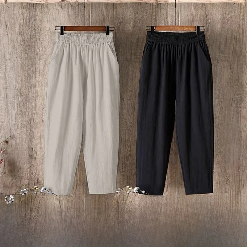 Summer Cotton Linen Casual Pants Women's High Waist Nine Point Thin Harlan Loose Fit Pants Pocket Detail Multi-Functional