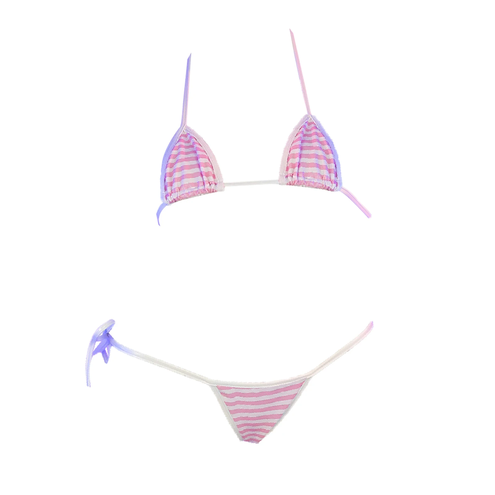 

Womens Stylish Striped Bikini Bathing Suit No Padding Halter Bra Top with T-Back Briefs Lace-up Patent Leather Lingerie Set