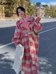 Lautaro Autumn Winter Long Loose Casual Colorful Plaid Warm Soft Woolen Coat Women Sashes Pockets Luxury Korean Fashion 2023