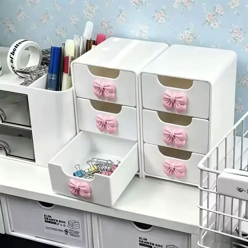3‑Tier Cute Bow Knob Desktop Storage Drawer Organizer, Plastic Cosmetic Jewelry Storage Box, Multi‑Layer Vanity Case for Hair Cl