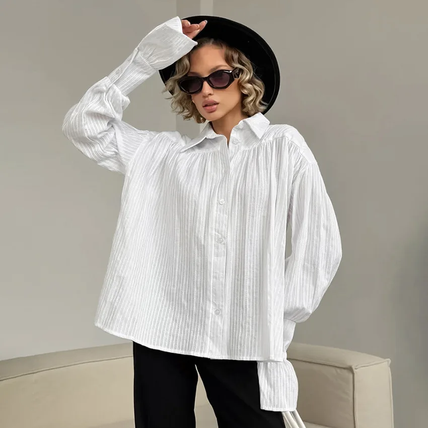 French Jacquard Cotton Shirt Women's Autumn Loose White Lapel Long-sleeved Shirt Niche Design Top