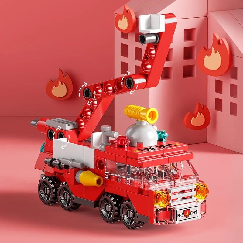 6IN1 City Fire Truck Police Car Building Blocks, Mini Engineering Bricks Kit, Educational Toy Gift for Kids with Exquisite Bag