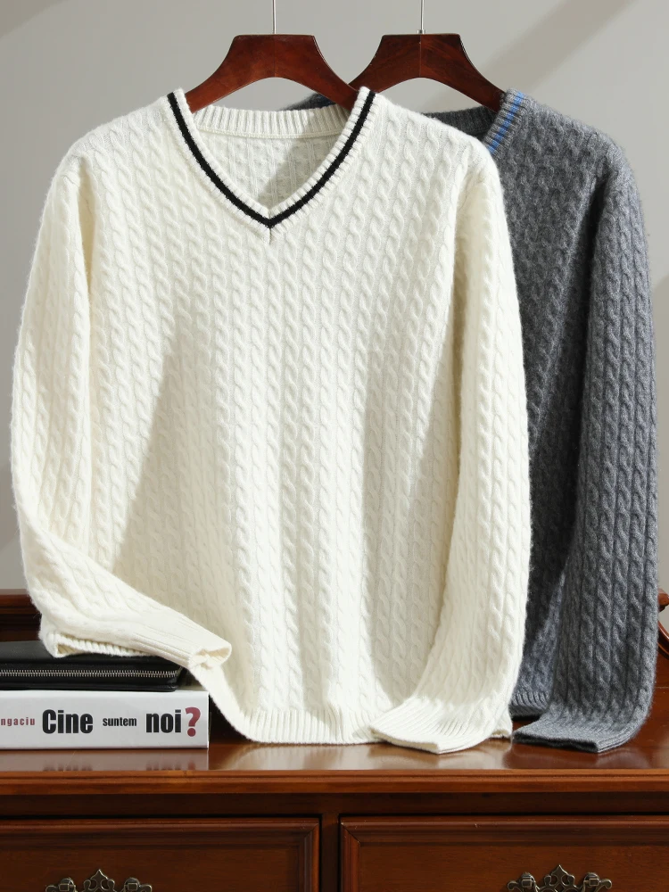 

CHICUU Men Thick Cashmere Sweater High Quality Cable Knitting Smart Casual Pullover 100% Cashmere Knitwear Luxury Preppy Style