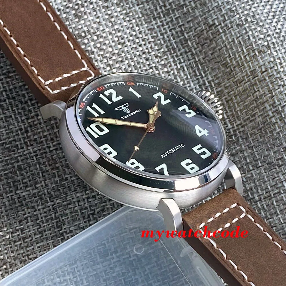 47mm Vinatge Tandorio NH35A PT5000 Automatic Wristwatch for Men Luminous Black Dial Sapphire Steel Clock AR Sapphire Glass