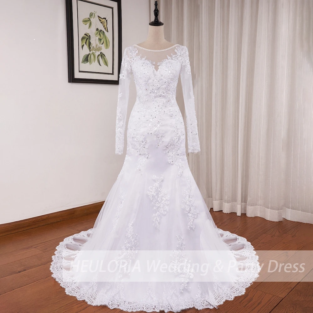 Abiti da sposa principessa sirena manica lunga pizzo perline o collo abito da sposa plus size abito da sposa Robe de mariage personalizza