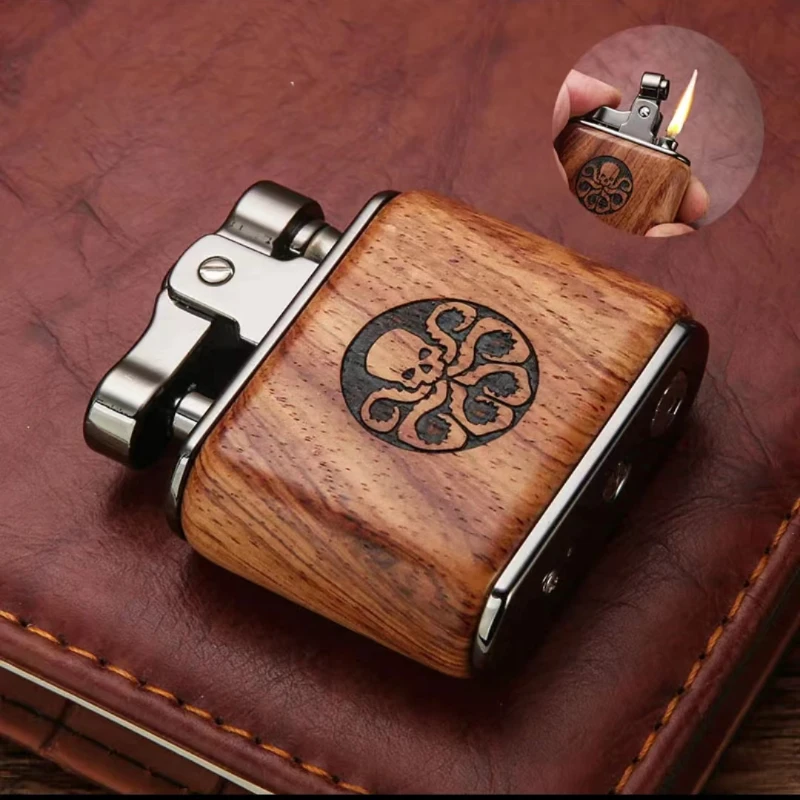 Honest Kerosene Lighter Retro Nostalgic Vintage Lighter Solid Wood Mechanical Lighter Pipe Smoking Accessories Metal Luxury