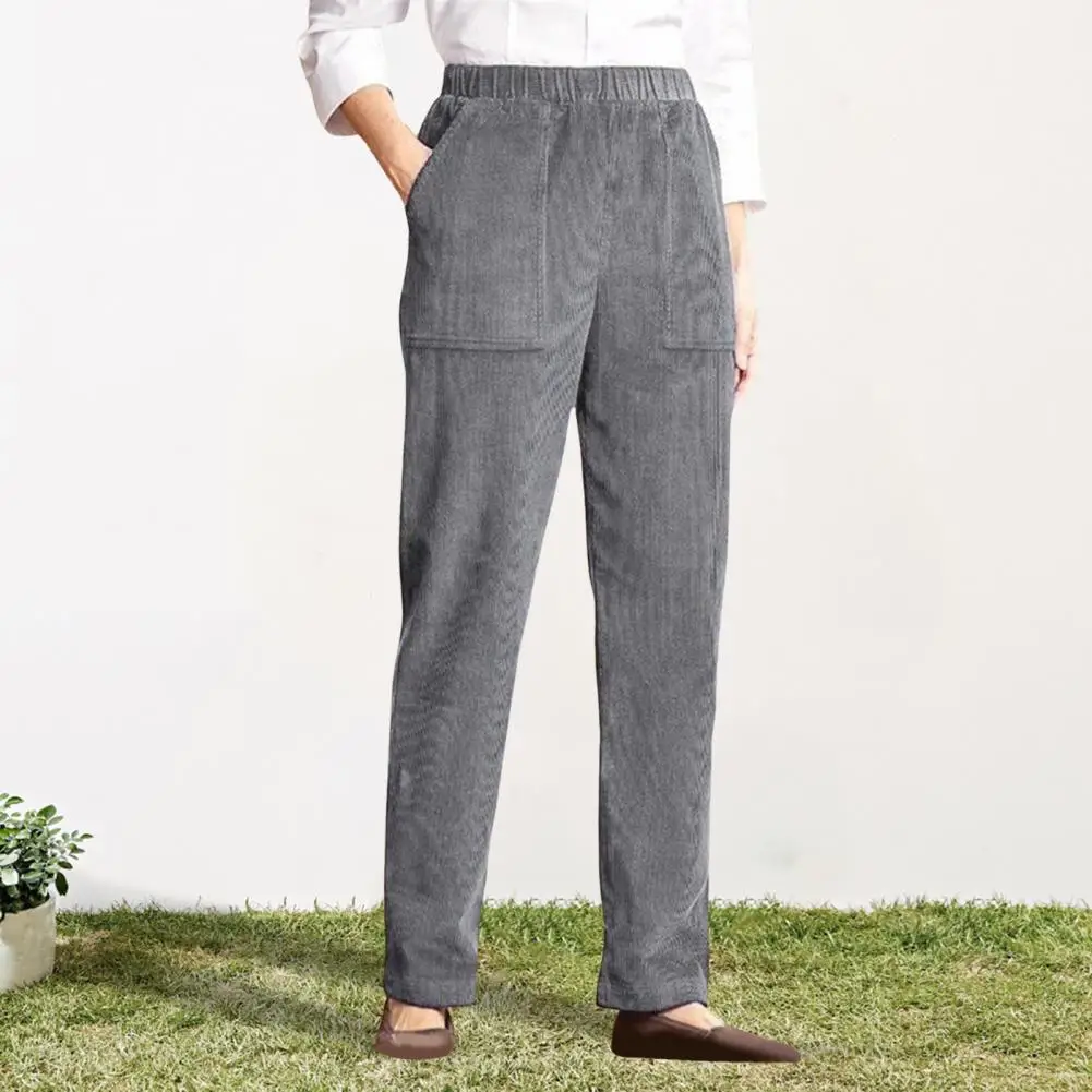 

Straight-leg Pants With Pockets Women's Corduroy Pants With Elastic Waist Pockets For Office Travel Solid Color Straight Leg