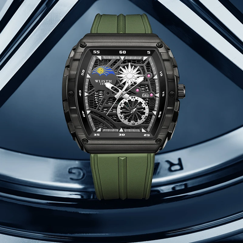 New Brand Men's Watch Fashion Automatic Movement Barrel Luminous Waterproof Clock Sports Male's Silicone Strap Quartz Wristwatch