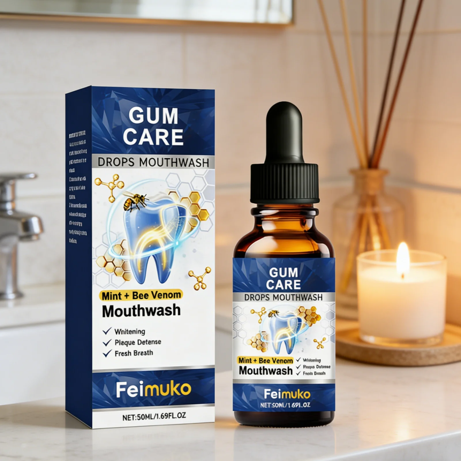 Feimuko Gum Care Drops Mouthwash Teeth Whitening Stain Improvement Relieve Gum Bleeding Swelling Gentle Bee Venom Mouthwash 50ml