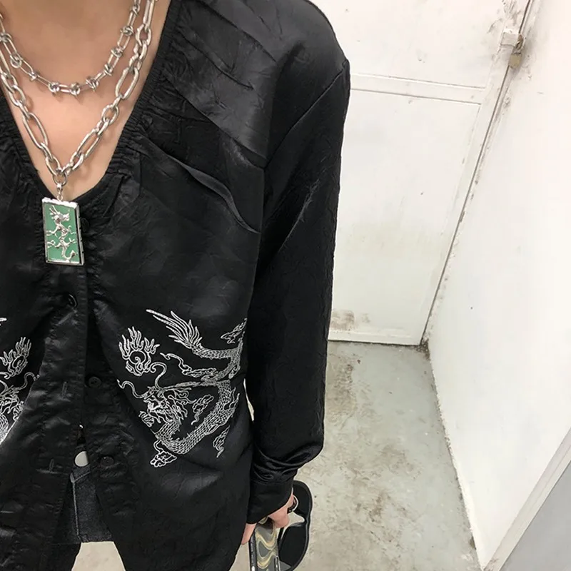 Karrcat Yamamoto Style Irregular Shirt Chinese Dragon Embroidery Silk Blouse Japanese Vintage V-neck Shirt Chic Designer Clothes