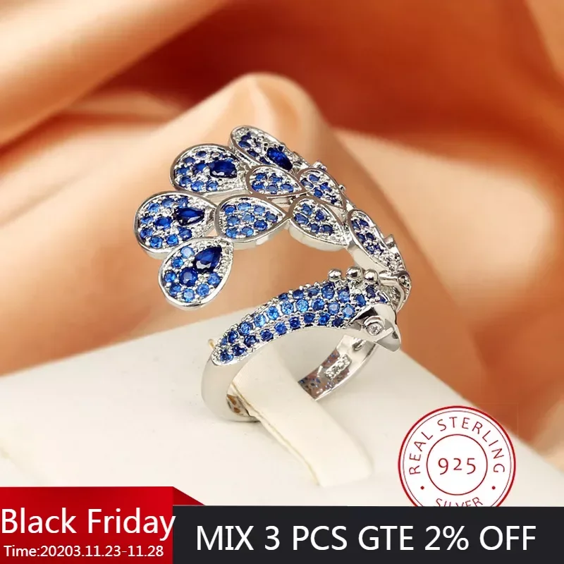 Anillo creativo chapado en plata 925 de pavo real para mujer, circonita AAAA azul brillante, joyería ajustable abierta, joyería de plata, anillo de boda