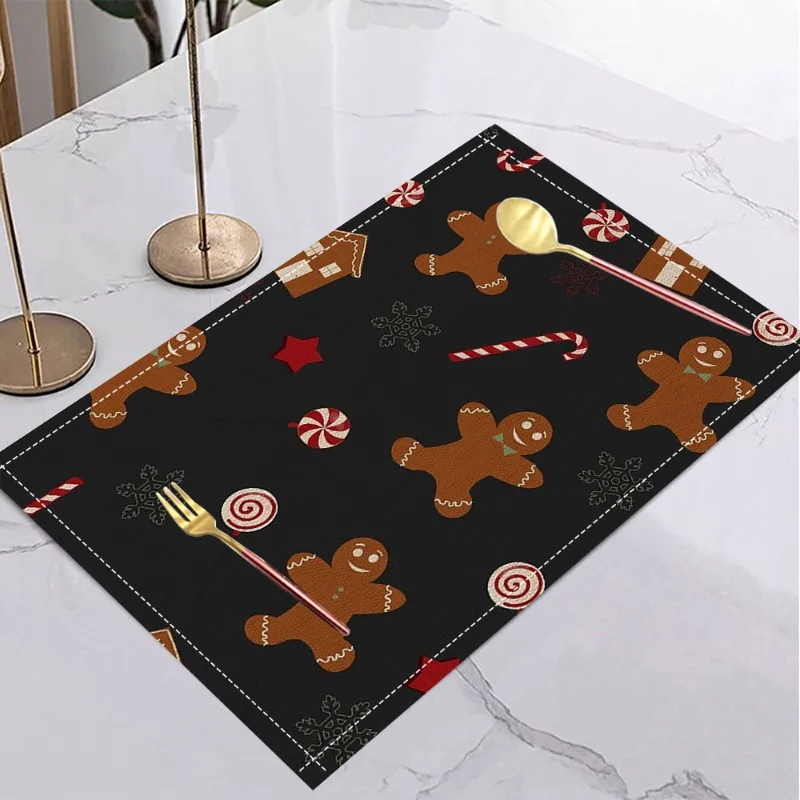 Schwarze Weihnachts-Lebkuchenmann-Tischsets, Feiertagstisch, Zuhause, Küchen, Weihnachten, Halloween, Erntedankfest und Neujahrsdekorationen