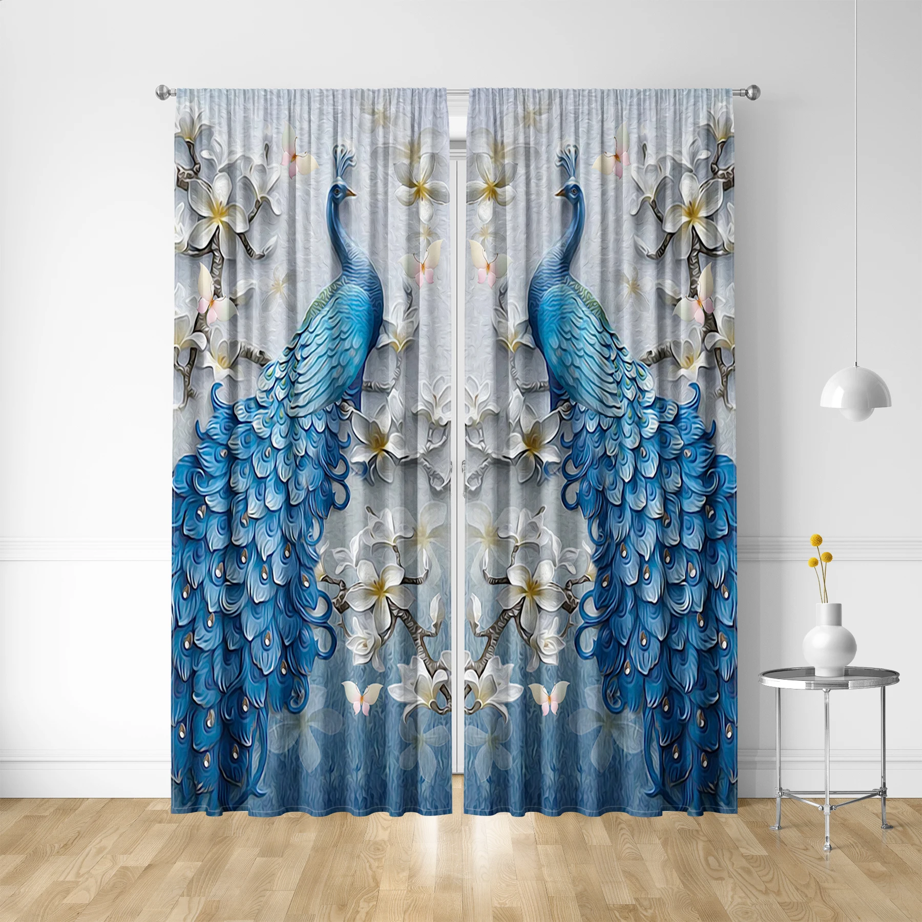 2PC Home Decoration Curtains, Blue And Yellow Peacock With Rod Pocket Curtains, Kitchen, Coffee Shop, Living Room, Balcony