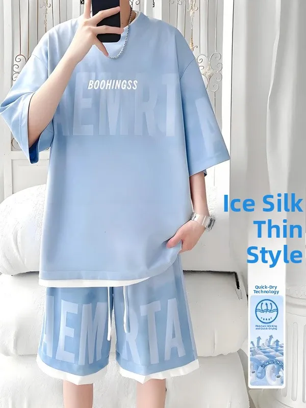 

Мужской летний комплект из двух предметов: футболка с коротким рукавом и шорты из ледяного шелка с охлаждающим эффектом, модный брендовый принт, для подростков