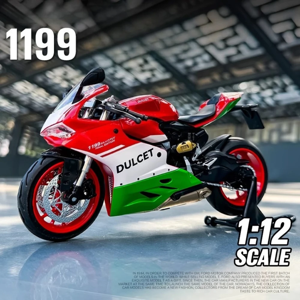 

1:12 Scale 1199 V4S Motorcycle Model Toy Car Music Light Shock Absorption Metal Diecast Linkage Steering Motor Collection Gifts
