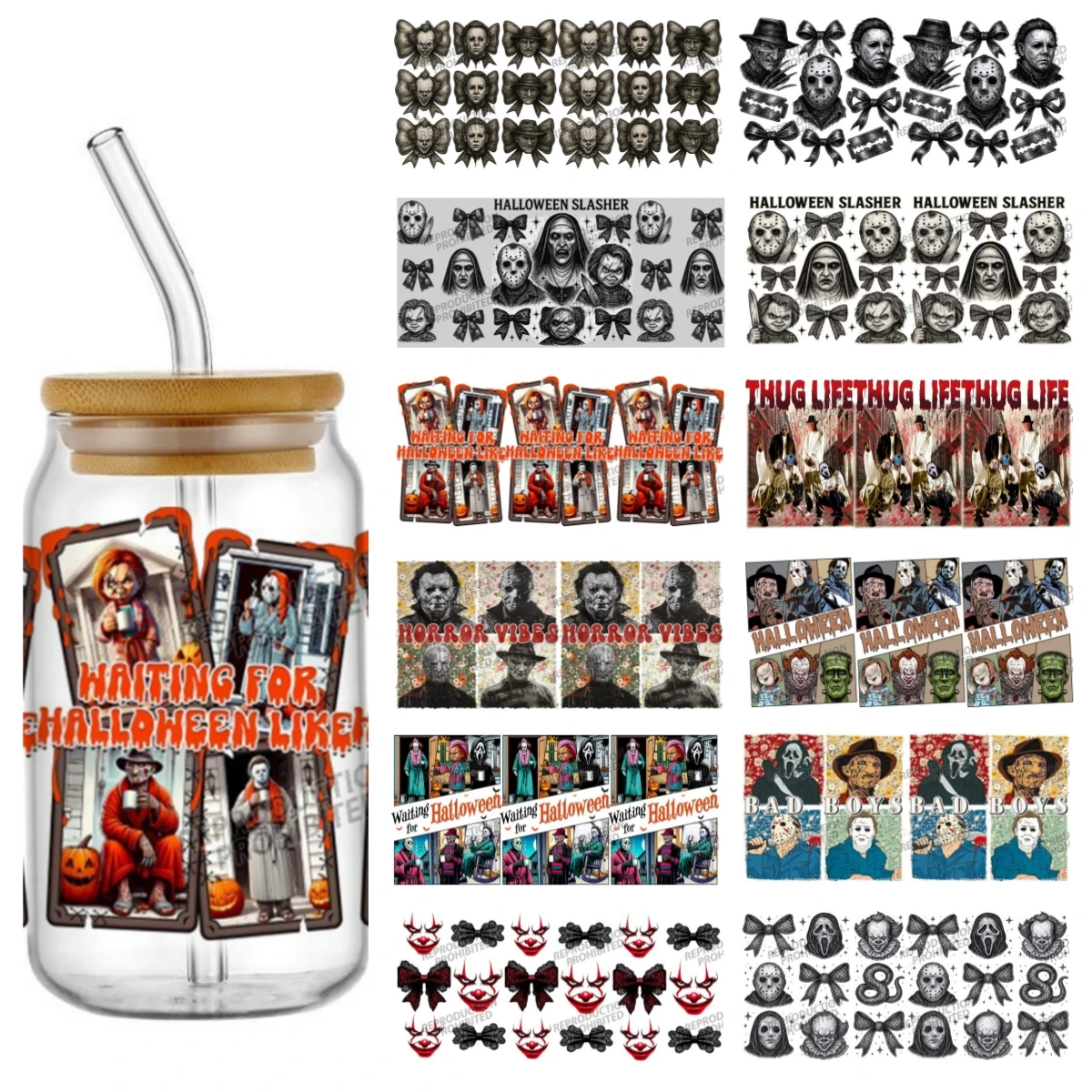 

Halloween Horror Bad Boy pattern UV DTF For 16oz Cup Wrap Libbey Glass Plastic Can Wraps Selfadhesive Sticker Washable DIY Wraps