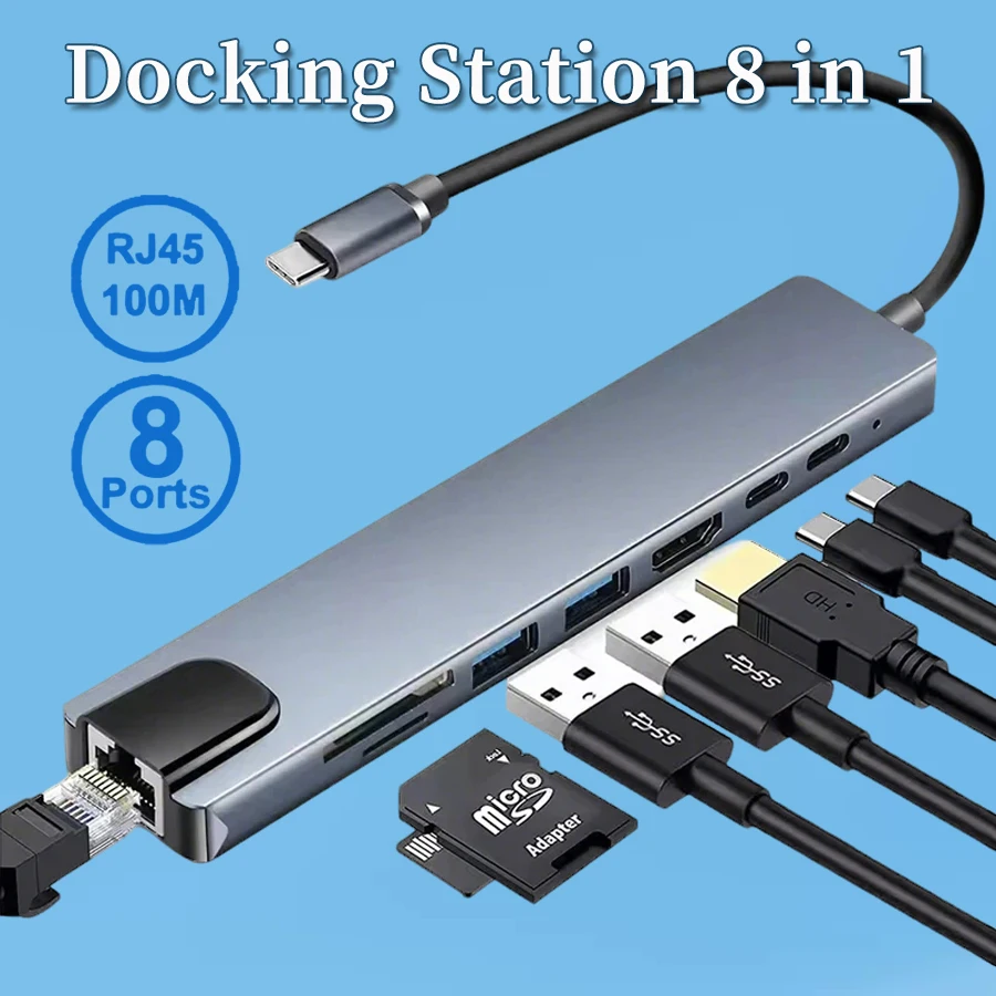 

Док-станция USB 8 в 1 TYPE-C Концентратор ПК Планшет Телефон Ноутбук к HDMI RJ45 USB 2.0/3.0 SD TF Card Reader PD 87 Вт Адаптер зарядного устройства