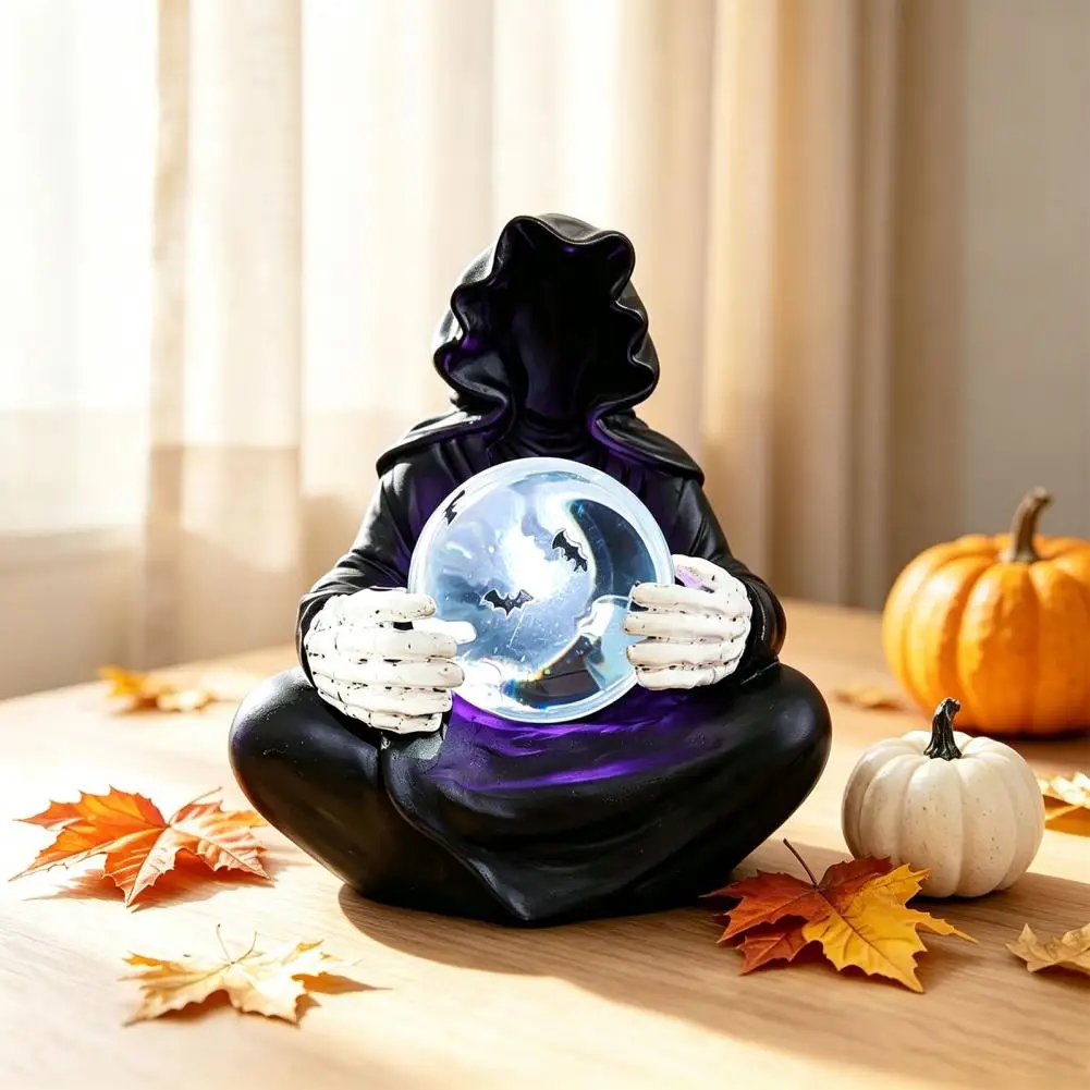 Resin Skull Statue Grim Reaper Figurine Faux Ball Grim Reaper Statue Resin Black Robed Sculpture Glowing Orb Figurine for Home