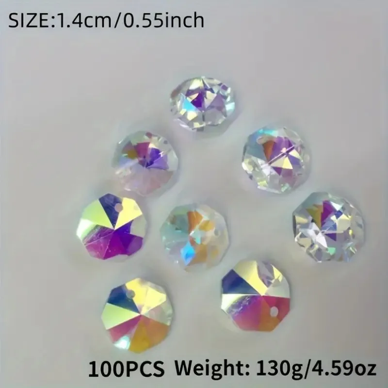100pcs 14mm Rainbow Octagonal Glass Crystal Beads, 2-Hole for Chandelier Prism Sun Catcher DIY Pendant Making Craft Kit