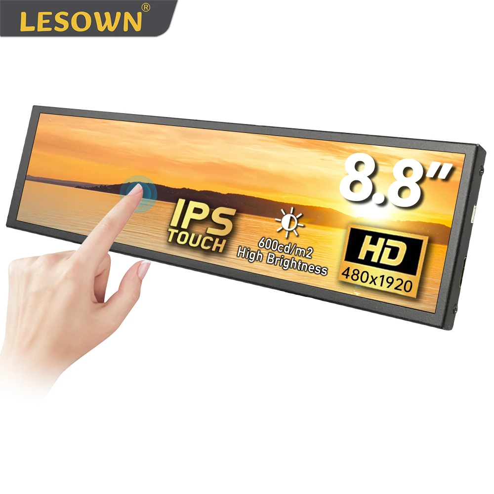 LESOWN 8.8 inch IPS HDMI Secondary Monitor Stretched Bar 1920x480 Touch mini Long Wide LCD Display for Aida64 Windows PC