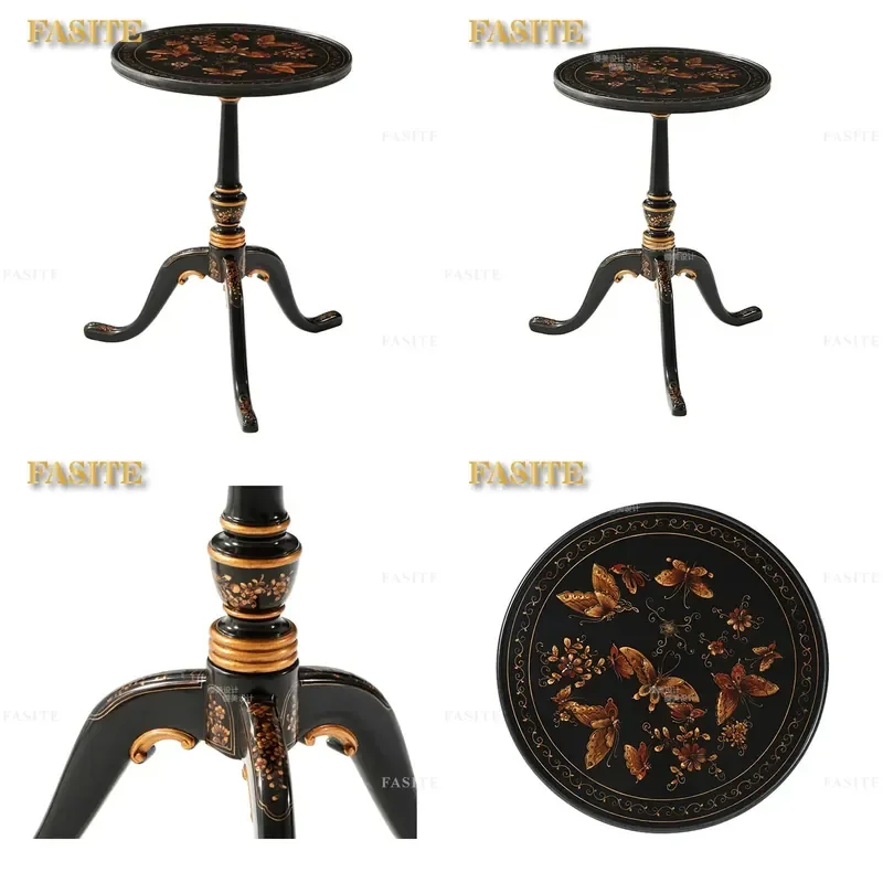 For British Neoclassical Hand Painted Carved Solid Wood Small Coffee Table Rounded Corners European Court Style Villa Living