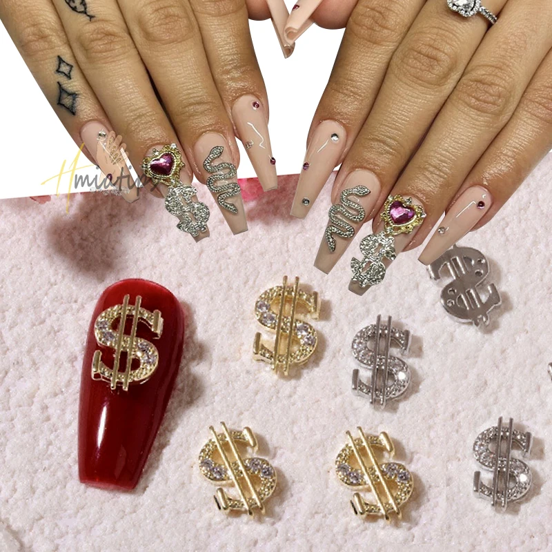 10Pcs Dollar Sign Geld Nagels Charms Zirkoon/Diamond Hanger Sieraden Dollar Ontwerp Goud Zilver Luxe Nail Decoratie