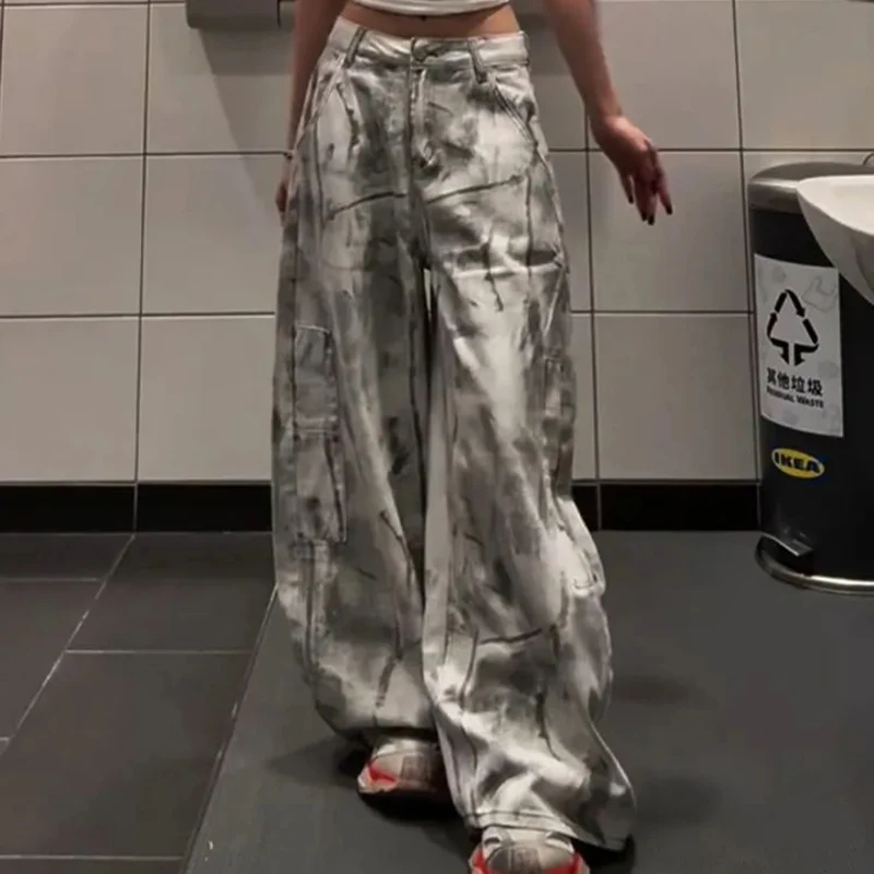 Women Tie Dye Gothic Jeans American Vintage Street Casual Denim Pants High Waist Loose Lazy Wasteland Irregular Wide Leg Pants