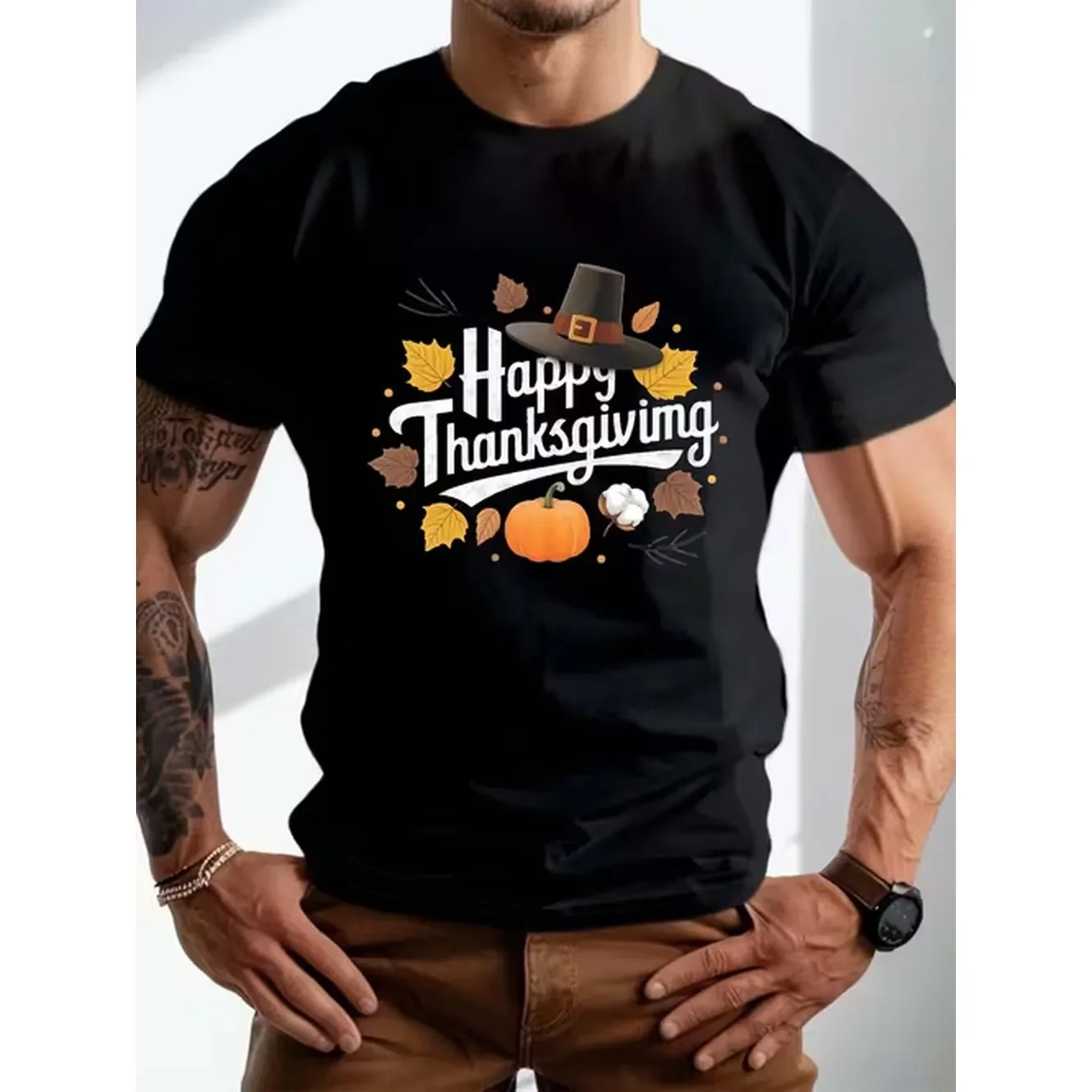 Mens Plus Size Tall Big Tall Casual Short Sleeve T Shirt With Pumpkin Print For Thanksgiving Regular Fit Round Neck Casual Attire Machine Washable Comfortable For Fall For Beach For Mature Events Male Casualwear