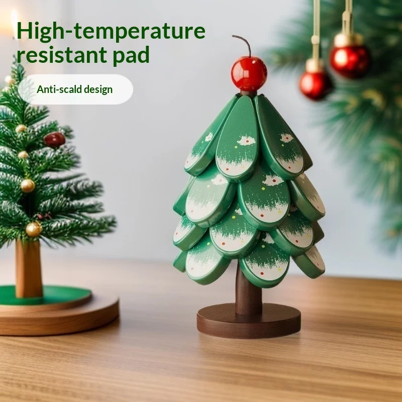 A Tree Shape Christmas Tree Coaster Solid Wood Heat Resistant Non-Slip Pot Mat Table Decor Natural Wooden Placemat Gift Idea