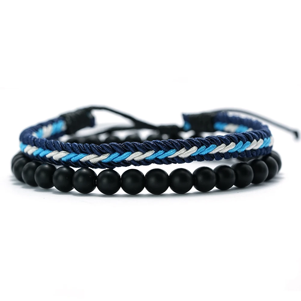 2Pcs/set New Stone Beaded Bracelet Men Adjustable Braided Rope Bracelet Wristband Male Jewelry Gift