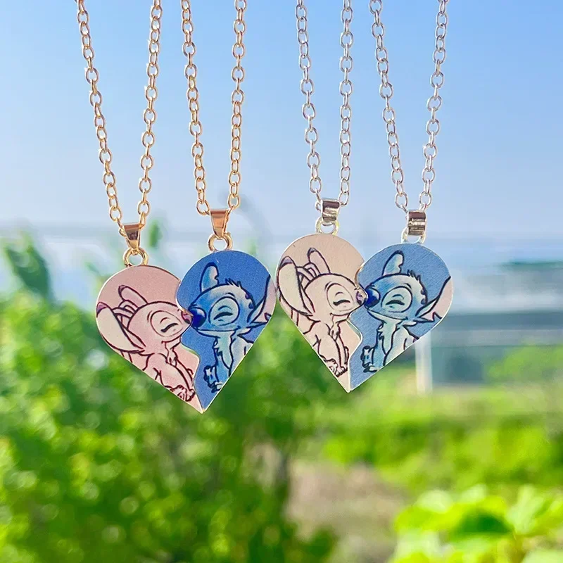 Collares de Stitch para parejas, colgantes de Disney, accesorios de joyería de Anime, collar de corazón, cadenas de suéter, regalos de cumpleaños para niñas y niños