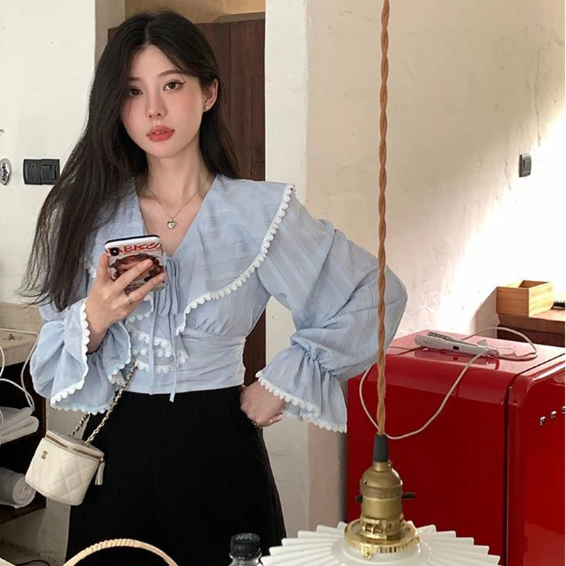 Blue Bandage Women Shirts Korean Sweet Lace Patchwork Flare Sleeve Female Blouse Autumn New V Neck Slim Ladies Casual Crop Tops