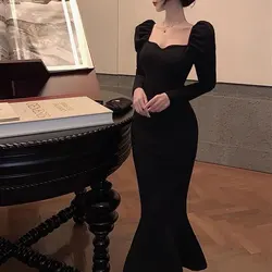 Aura French Style Mermaid Dresses Female Clothing Elegant Waist Spring Autumn Solid Color Basic Long Sleeve Bag Hip Midi Dress