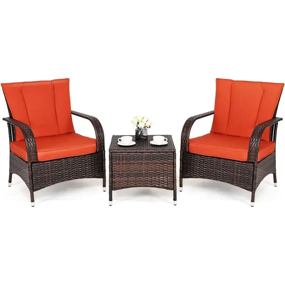 3-Piece Patio Furniture Set: 2 Wicker Chairs with Glass Top Coffee Table, Outdoor Garden Porch Poolside Set