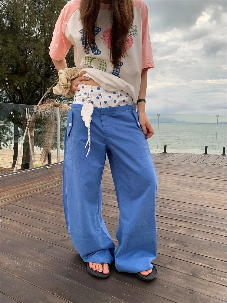Women's Splicing Fake Two Piece Design Casual Pants High Waist Thin Trousers Street Bottoms Female Wide Leg Blue Sweatpants