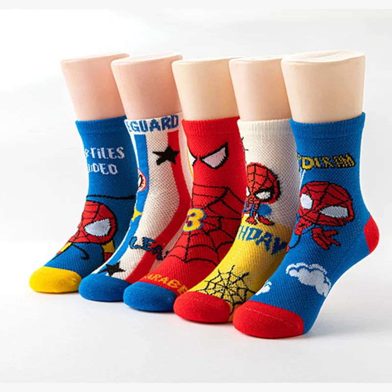 5 Pairs of Marvel Spider-Man Kids Cotton Socks, Spring and Autumn Children's Sports Style Short Summer Socks