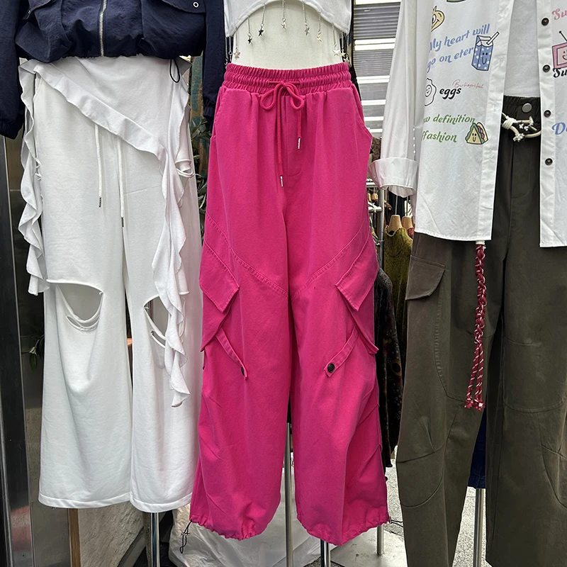 American Sle Women's Cargo Pants High Waist Wide Leg Casual Trousers Elastic Waist ket Design Slimming Trendy Pants