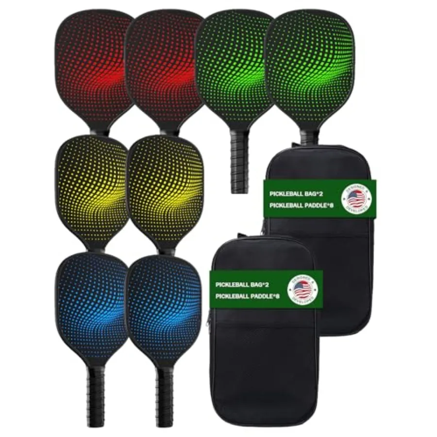 

8-Pack Pickleball Paddles Set - Wooden Rackets with Fiberglass Surface and Polypropylene Honeycomb Core, Includes 2 Portable Ca