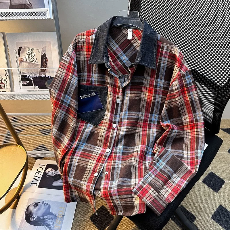 

American Retro Denim Patchwork Long Sve irt Men's Spring Autumn Design id irt Jaet Loose Fit Youth Faion