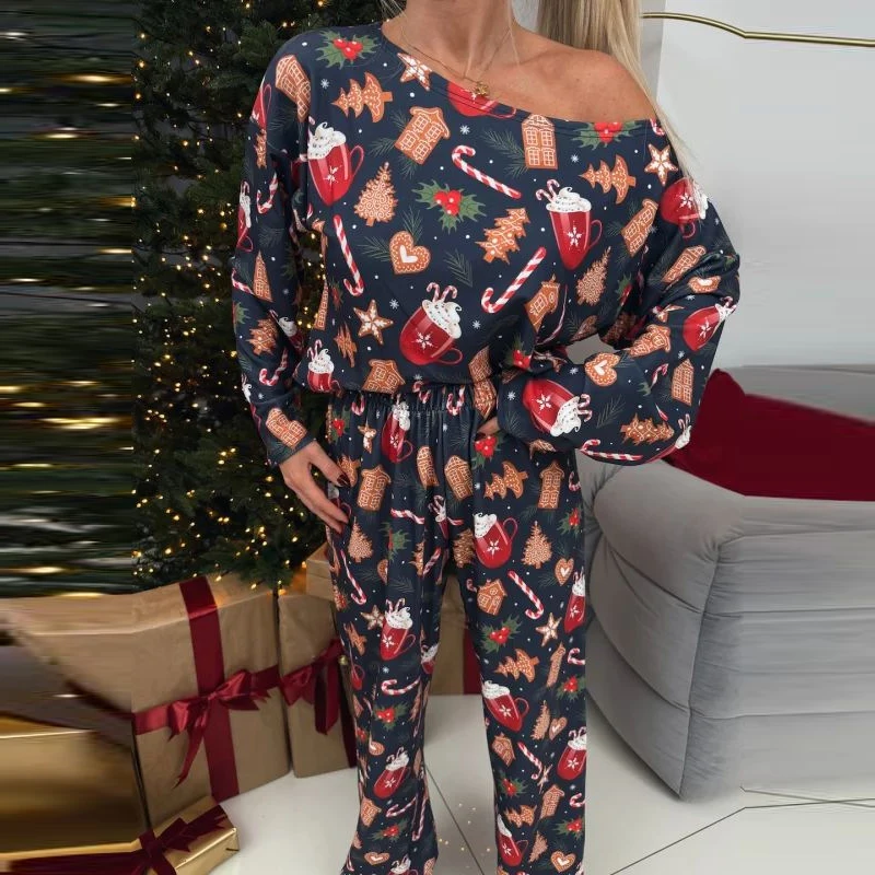 Women New Year Set Snowflake 2025 Pajamas Christmas Long Sleeve Tops&Pant 2Pcs Sleepwear Winter Fashion Pattern Print Loose Suit