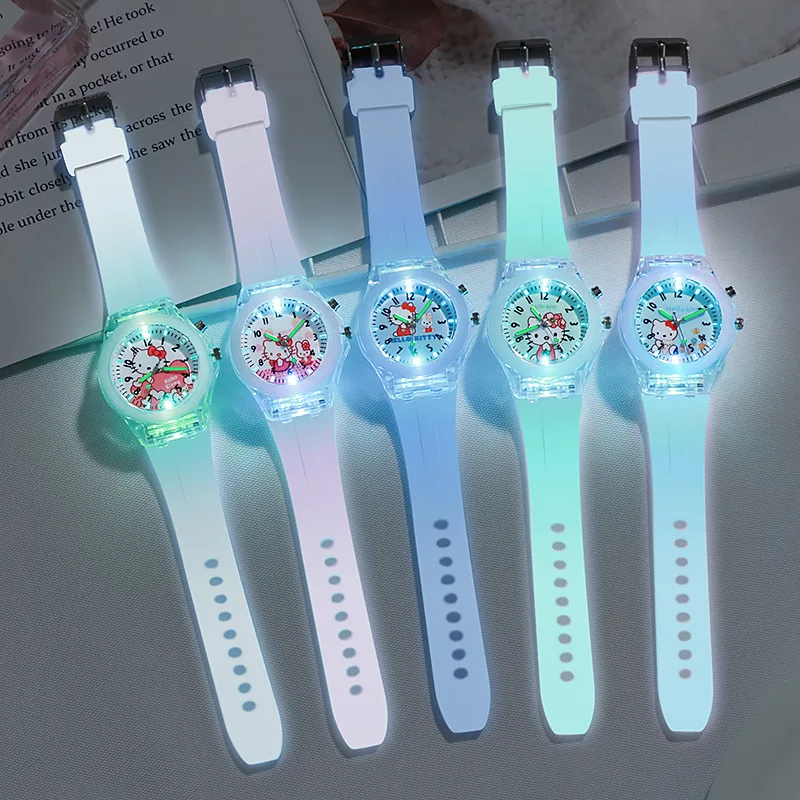 Hello Kitty Kinderen Horloges Meisjes Kleur Lichtbron Siliconen Band Kids Horloge Met Doos Cadeau Klok Pols Logio Feminino