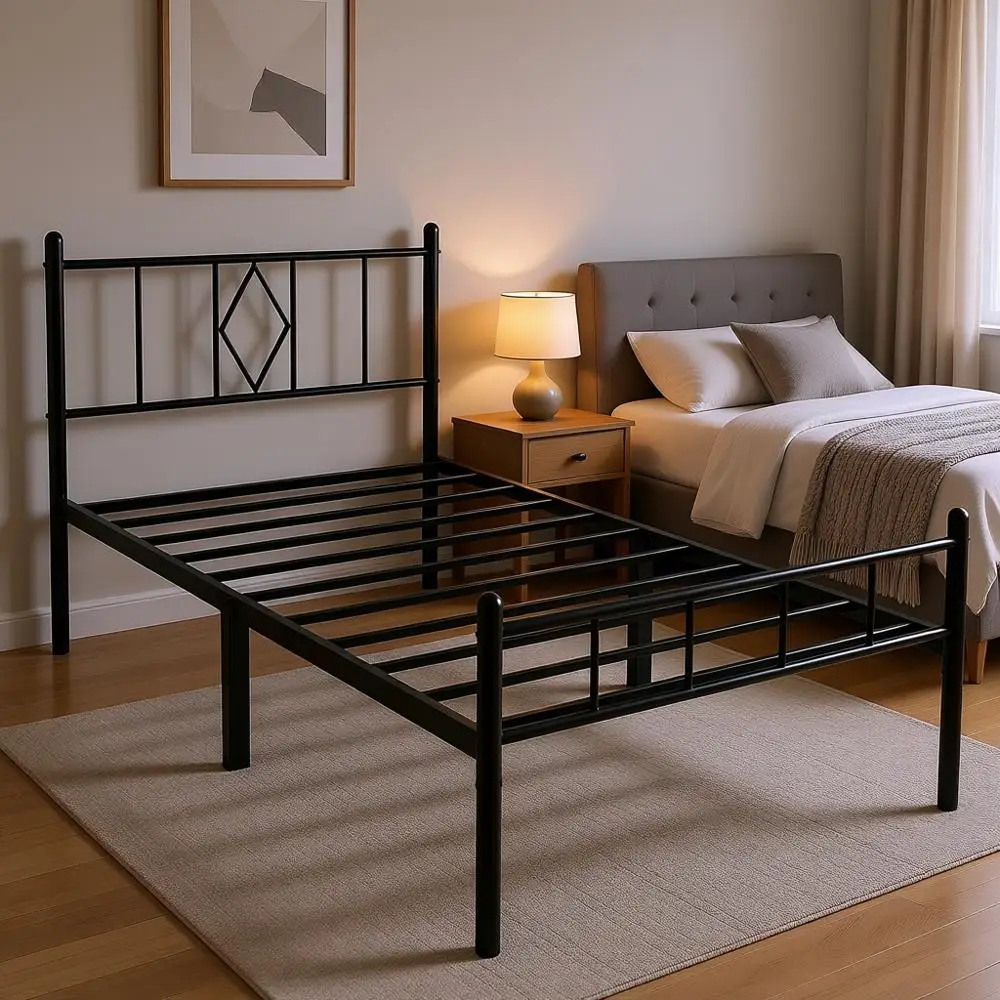 

14-дюймовая двуспальная кровать с изголовьем/изножьем, местом для хранения под кроватью, металлическими ламелями, без пружинного блока, бесшумная, простая в сборке