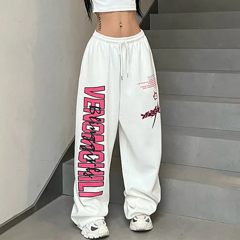 Autumn New Print Drawstring Tied Athletic Casual Pants Women's Elastic High Waist Solid Pockets Loose Hip Hop Straight Trousers